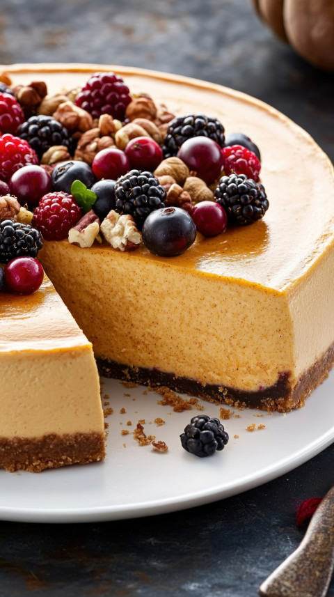 Elegantly spiced pumpkin cheesecake topped with berries and nuts pumpkin cheesecake