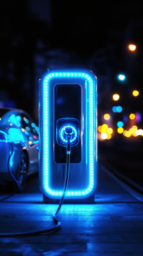 Charging station with blue neon lights illuminated by the soft glow of streetlights at night