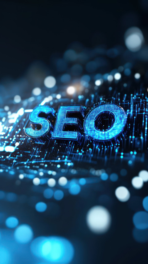 Text SEO in the center of an abstract digital background featuring glowing lights and data streams