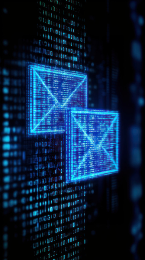 Two blue glowing digital envelopes on a black background with binary code in the foreground