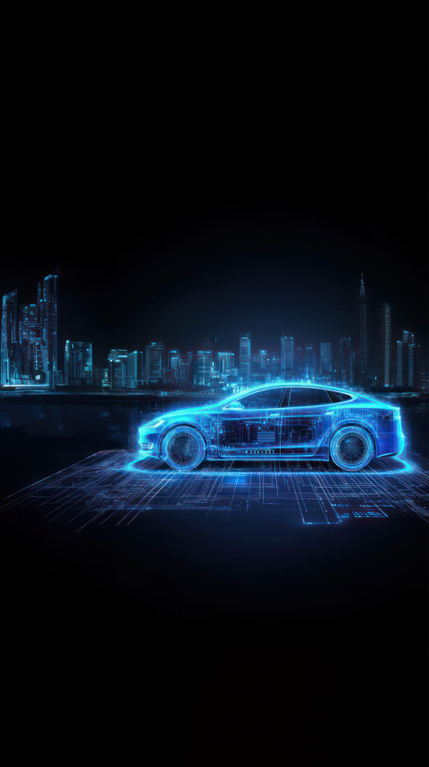 Digital blue hologram of a CNG car with a city skyline in the background