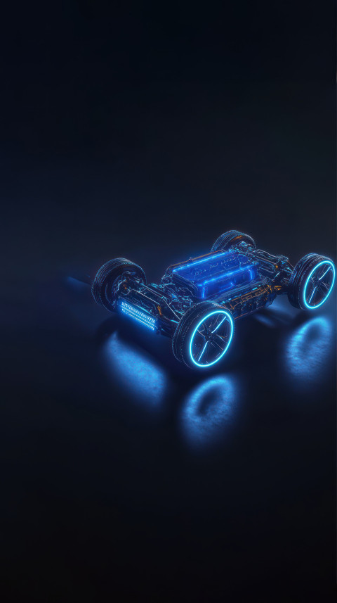 3D rendering of a CNG vehicle battery pack with glowing blue neon lights