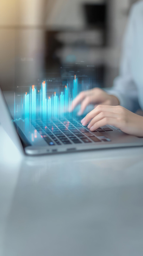 Person typing on laptop with abstract growth graph and financial symbols floating above