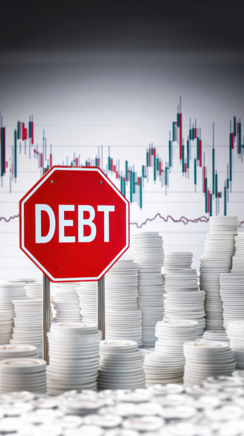 Red stop sign with DEBT in front of white coin stacks