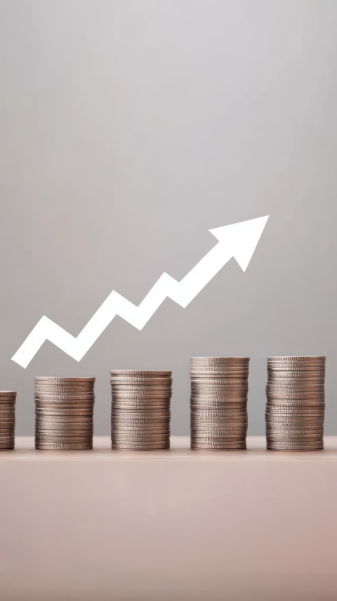 Stacks of coins with white arrows and growth graph pointing up