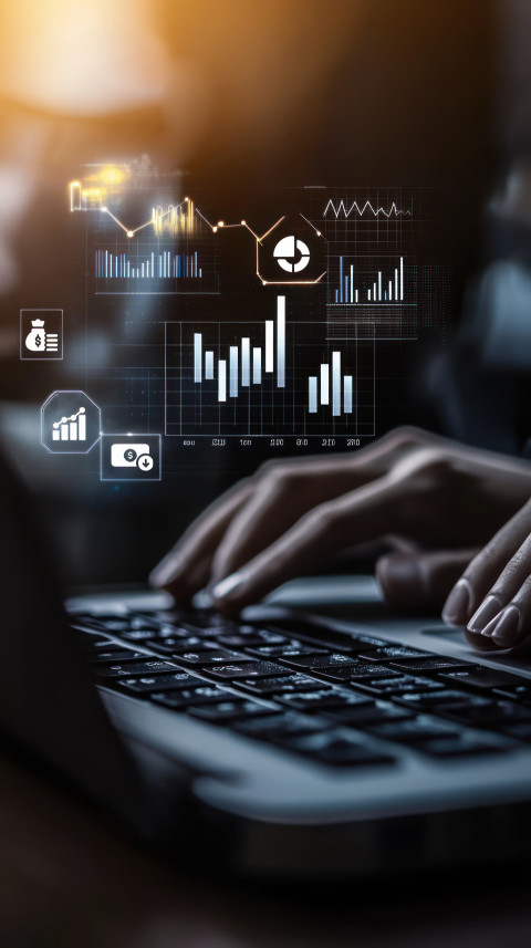 Business person typing on laptop with digital graphs and icons above keyboard