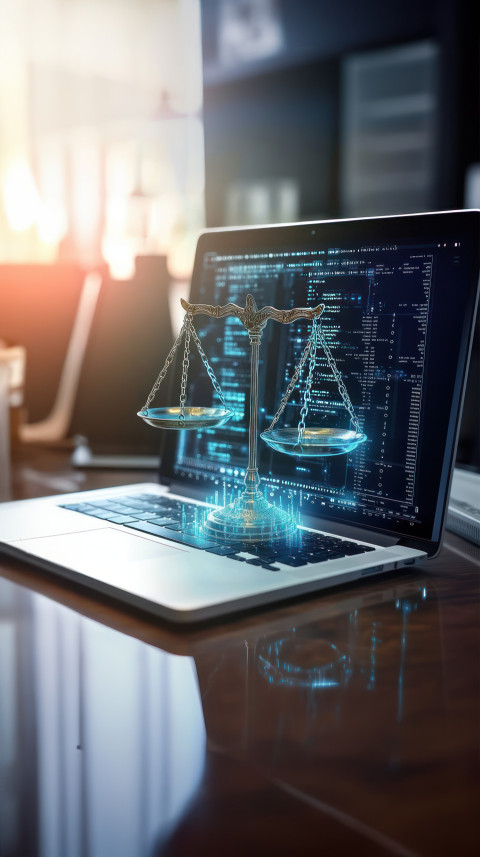 Digital scales of justice glowing on laptop screen surrounded by data and code