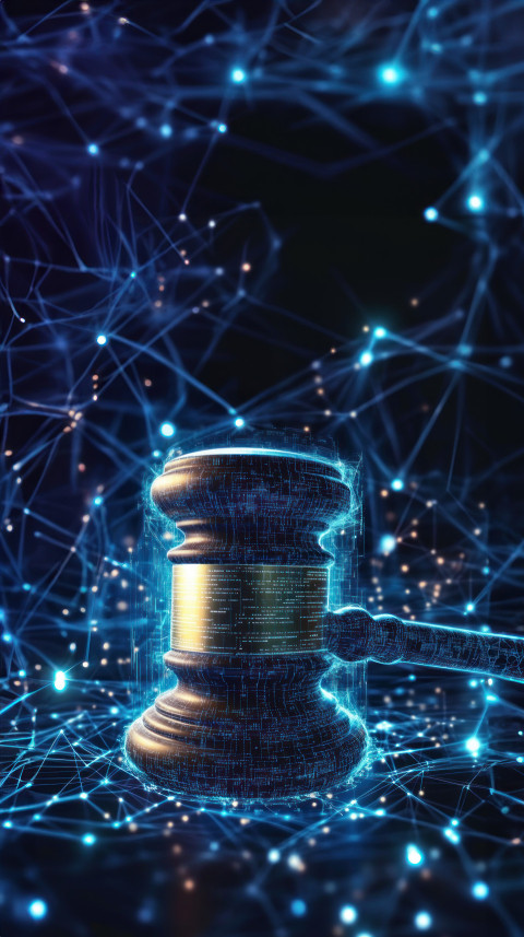 Gavel surrounded by digital data and cyber connections