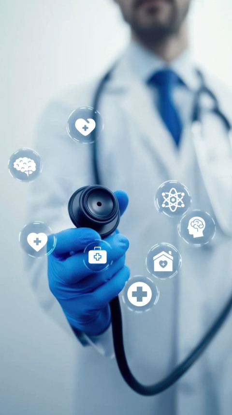 Doctor wearing blue gloves holding stethoscope with medical icons floating in front