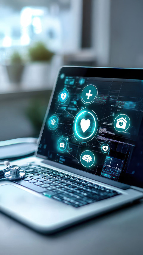 Laptop with stethoscope on keyboard and medical icons