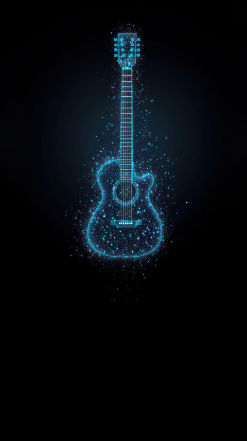 Blue guitar made of glowing particles on a dark background