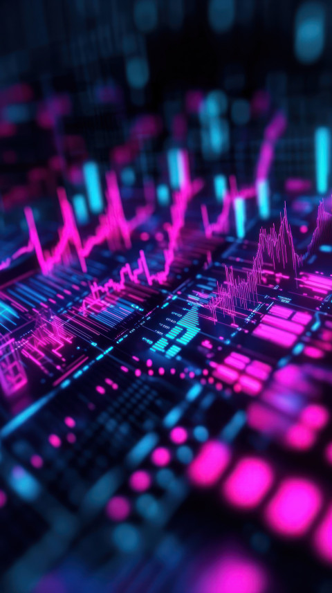 Digital illustration of financial graphs and charts glowing in neon hues against an abstract background