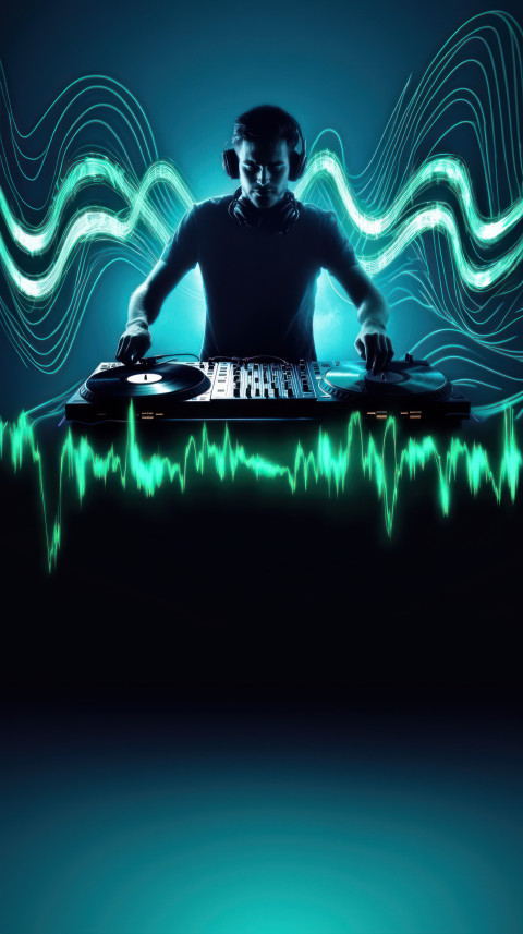 DJ surrounded by audio graphics with sound waves and vinyl records on a blue background