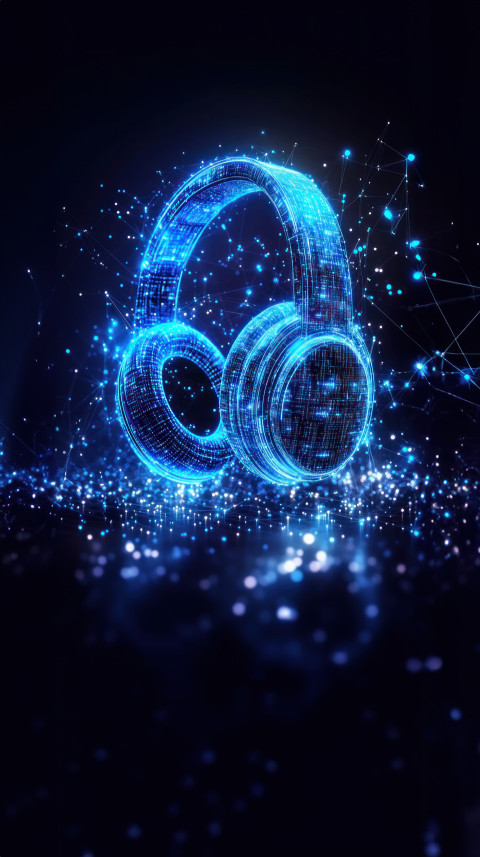 Blue digital artwork of headphones made from glowing data points and light streaks