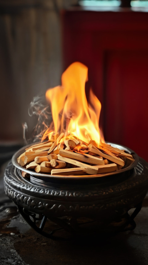 Plate wooden sticks burning flame