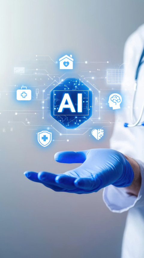 Doctor in blue gloves with AI medical icon floating above hand