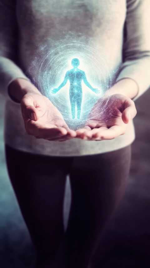 Person holds icon of figure surrounded by energy field