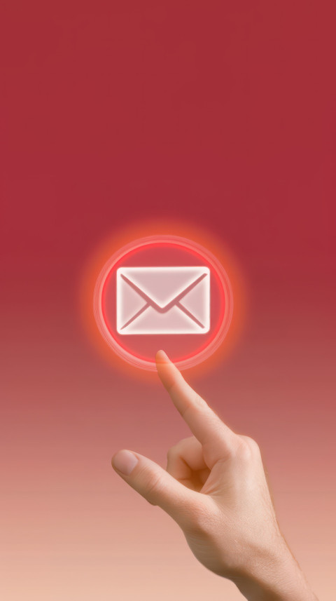 Hand with finger about to press floating envelope icon on gradient background