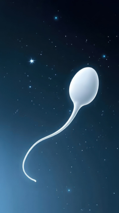 Single white sperm with long tail and round end on blue background