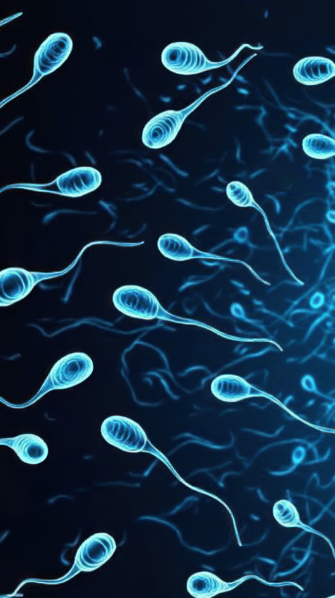 Many thin blue and white sperm cells on blue background