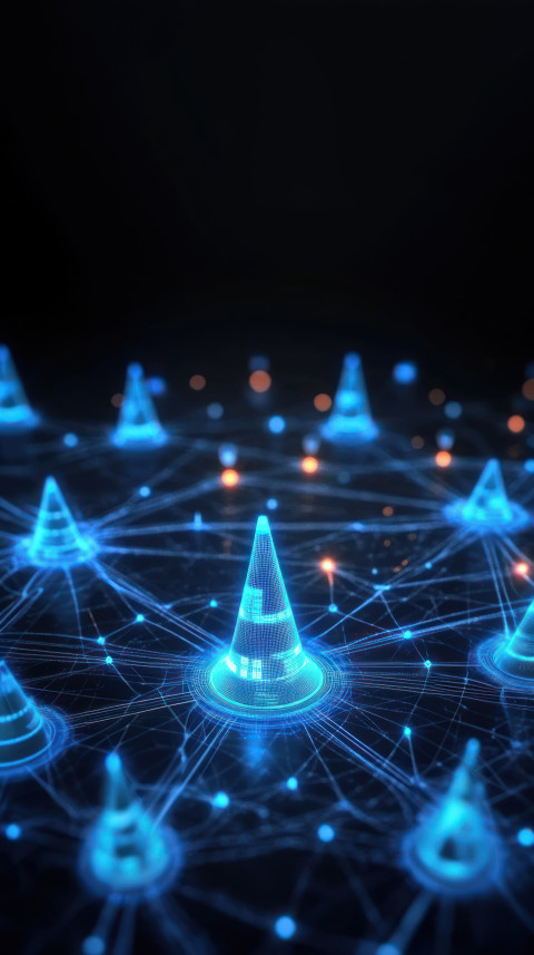 Futuristic network with glowing icons and cone shapes on a dark background