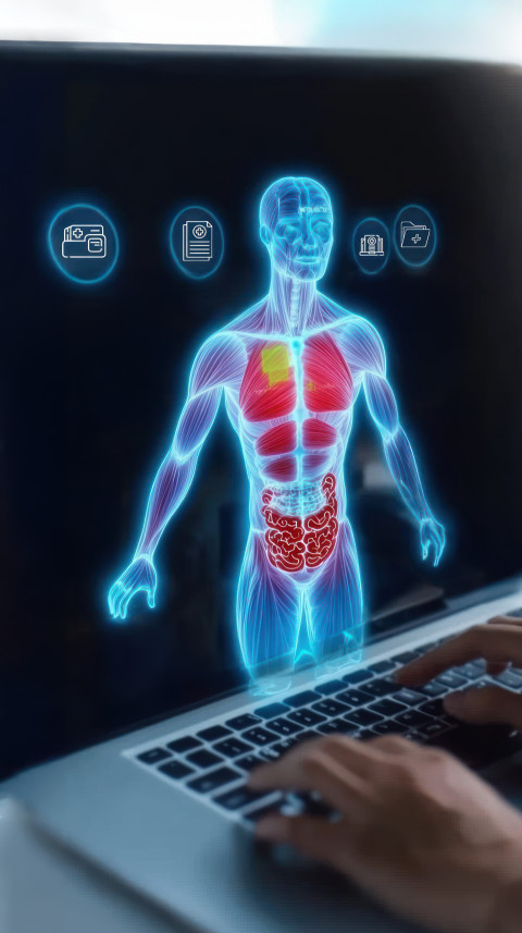 Digital hologram of a human body with records icons representing various medical and healthcare services on the screen