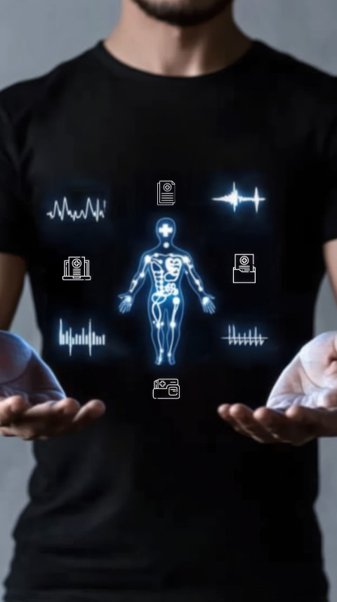 Man holding hands out in front of him with a holographic projection showing health records data and icons