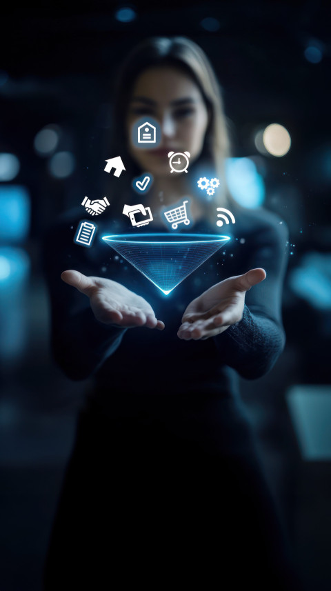 A woman holding a holographic open triangular funnel