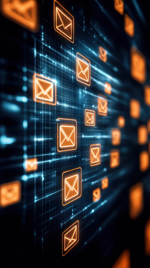 Blurred screens displaying orange and blue email icons in various sizes