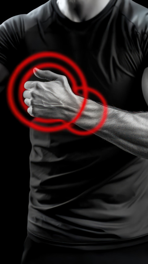 Athlete holding their hand in pain with red circles around injury black background