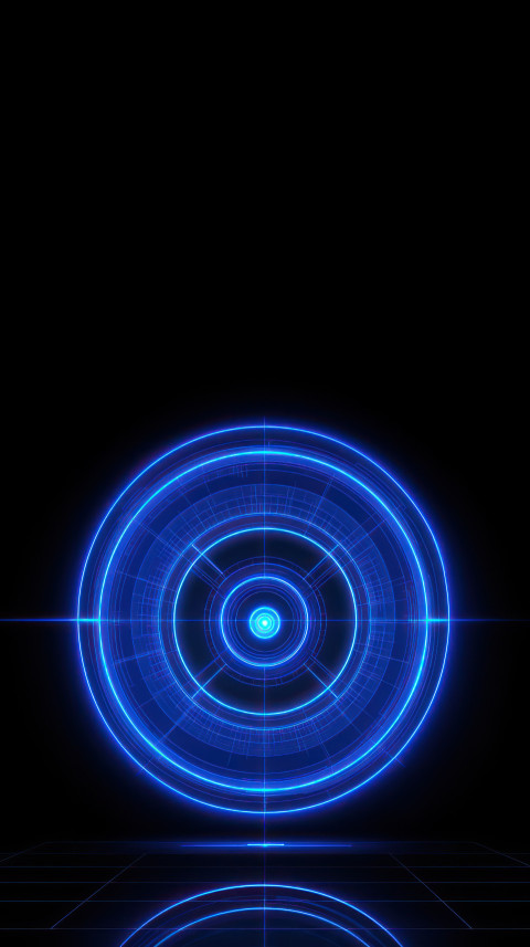 Abstract blue neon circle with sharp laser lines glowing on a black background