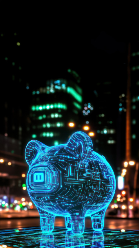 Blue hologram of an electronic piggy bank with glowing circuit patterns