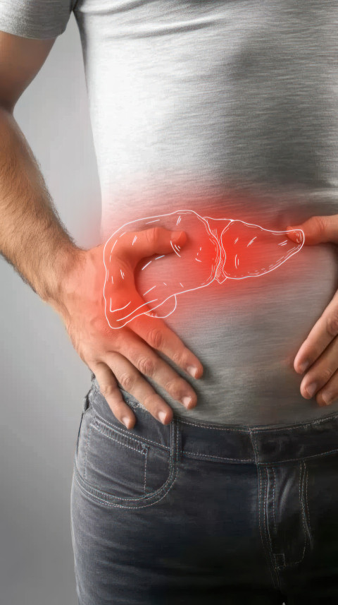 Man holding his hand on his liver with a red liver illustration visible in front