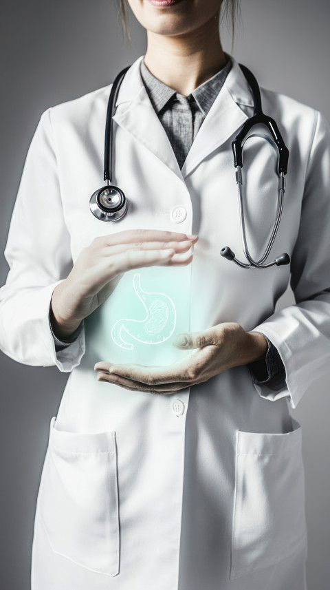 Doctor in a white coat with stethoscope holding a virtual glowing stomach icon against a gray background