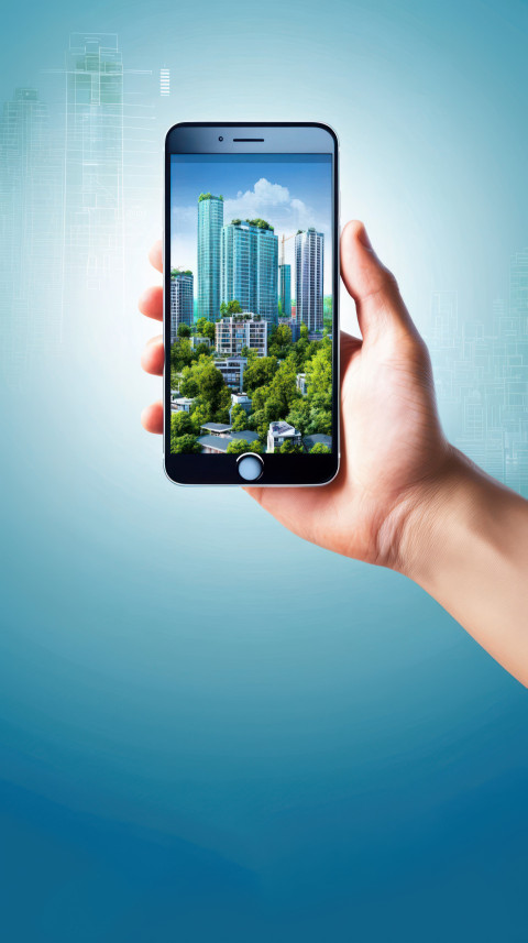 A hand holding a phone with a cityscape displayed on the screen against a blue background