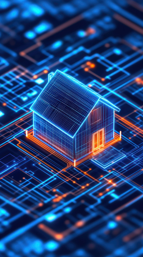 A digital background with a blue isometric house on top