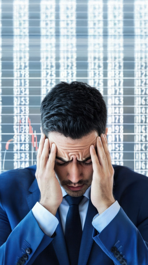 A man in blue business attire holds his head between his hands while looking at stock market charts on a digital screen