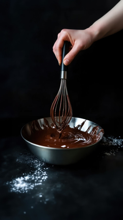 Hand holding a whisk over a bowl of smooth liquid chocolate