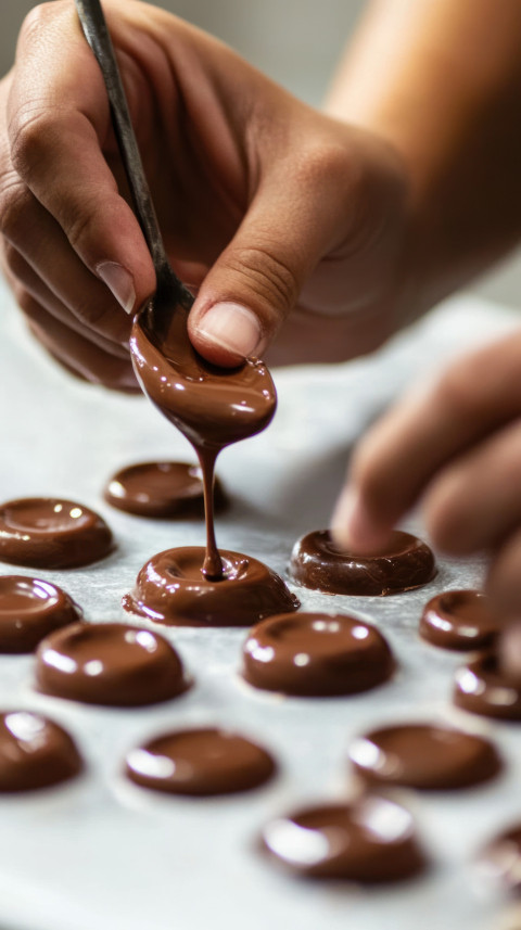 Hands using a spoon to fill chocolate molds