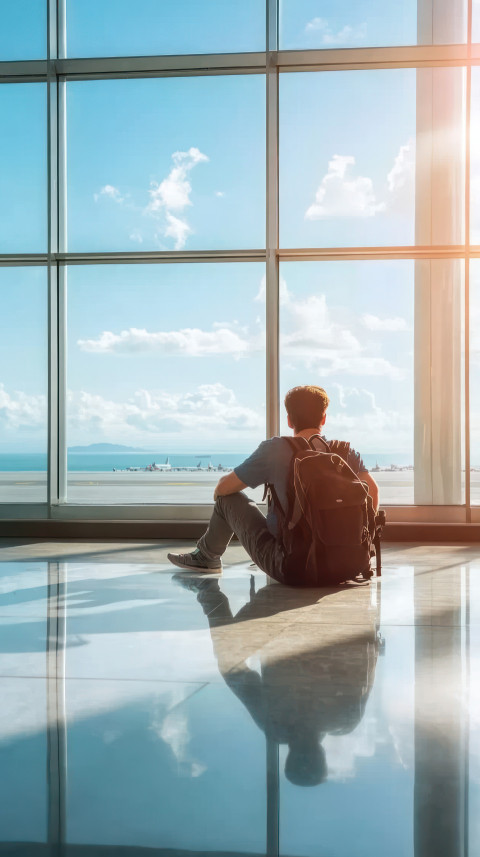 A man carrying a backpack sits on the floor near an airport window