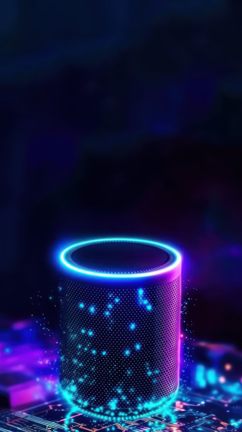 Voice assistant device with neon lights floating above a circuit board background