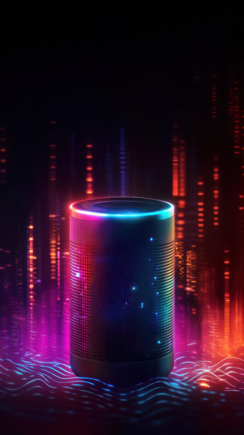 Voice assistant device glowing with vibrant colors and surrounded by futuristic patterns