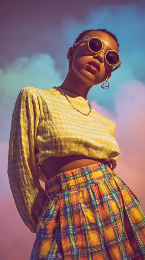 Black non-binary person in plaid high-waisted skirt and round sunglasses posing cool against pastel scene. Retro fashion prompt