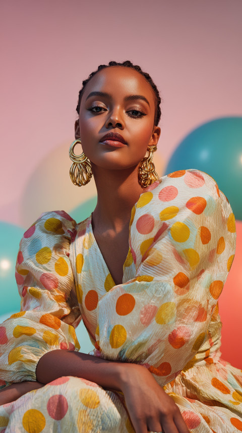 African-American woman in puff-sleeve polka dot dress