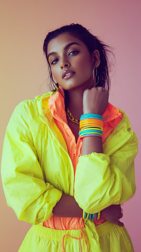 South Asian woman in neon windbreaker with plastic bangles standing proud against pastel backdrop. Retro fashion prompt