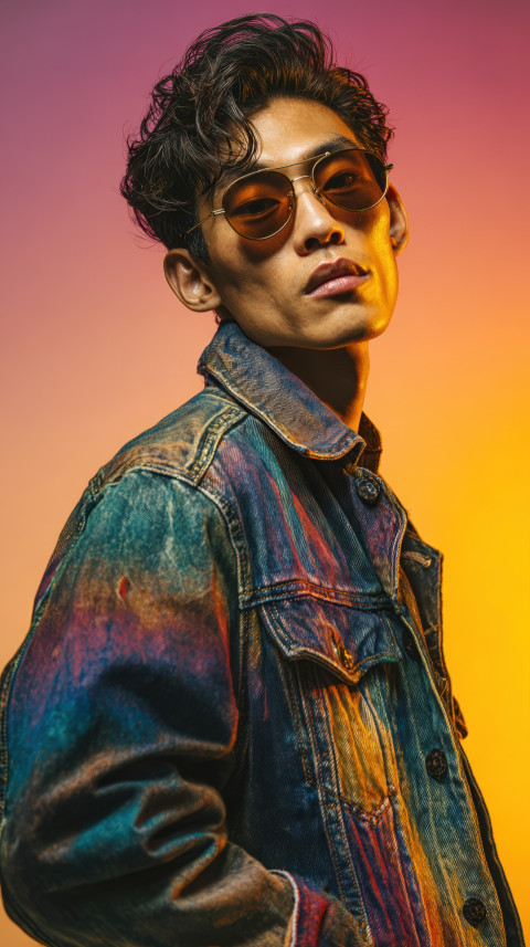 East Asian man in vintage denim jacket and aviator sunglasses poses confidently before soft pastel background. Retro fashion prompt