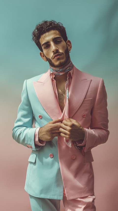 Middle Eastern man in pastel double-breasted suit and silk neck scarf stands tall before soft pastel wall. Retro fashion prompt