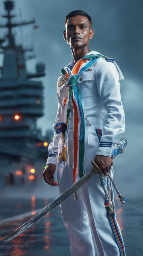 Naval officer with sword on INS Vikrant deck