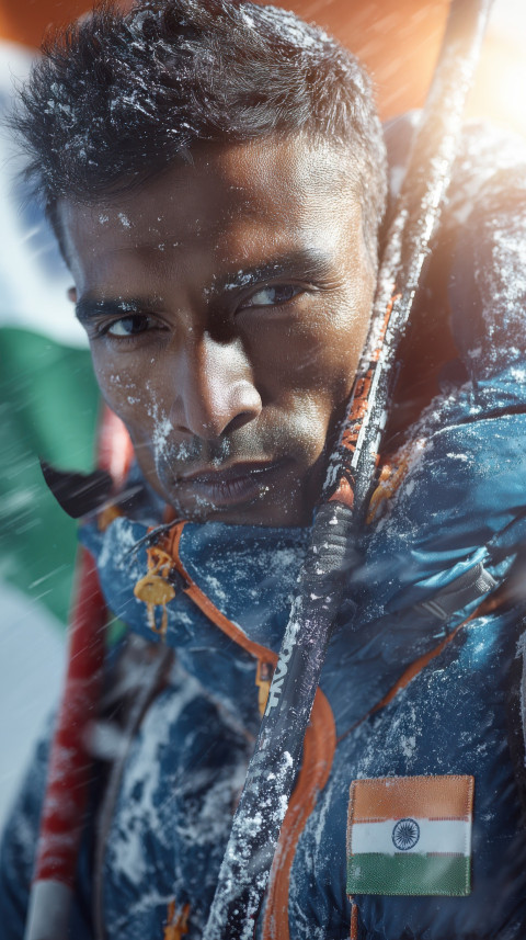 Indian mountaineer stands proud with ice axe in Himalayas at dawn