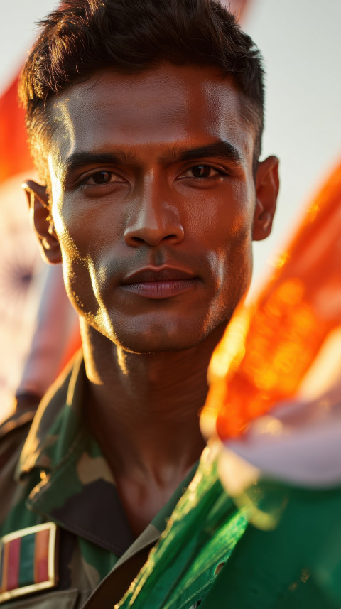 Army cadet with large waving flag at Red Fort during golden hour